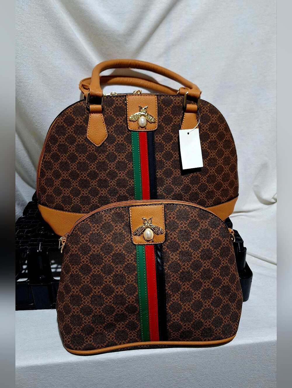 Brown Patterned Dome Satchel and Pouch Set with Green-Red-Black Stripe
